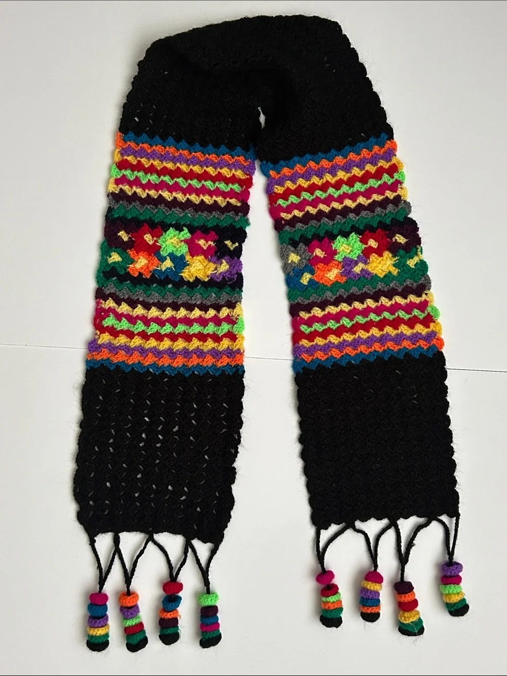 Handmade Black Multicolor Crochet wool Scarf